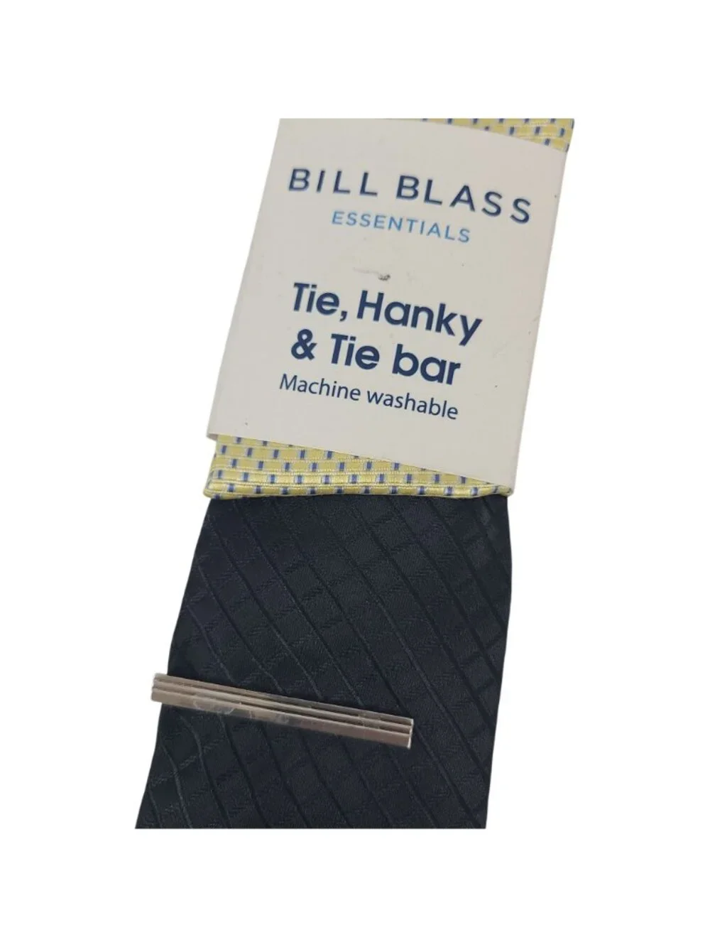 Bill Blass Essentials Tie Hanky & Tie Bar Set Black With Subtle Check Pattern
